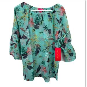 NEW Sunny Leigh Aqua Blue Floral Hawaiian Size L Printed Bell Sleeve Blouse DC